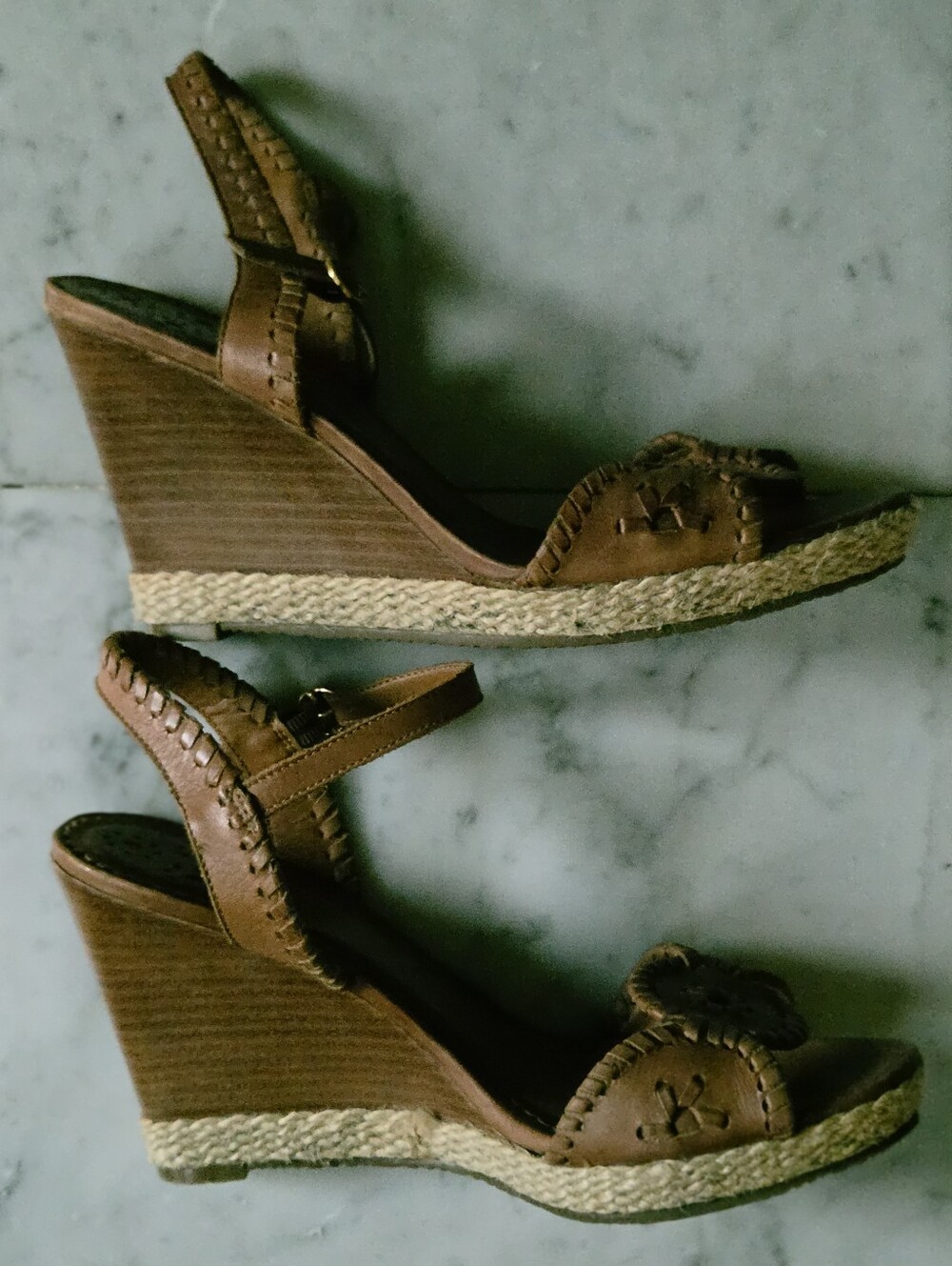 Jack Rogers Clare  Medalion Carmel Brown Leather Wedge Sandals 8 - Picture 2 of 8